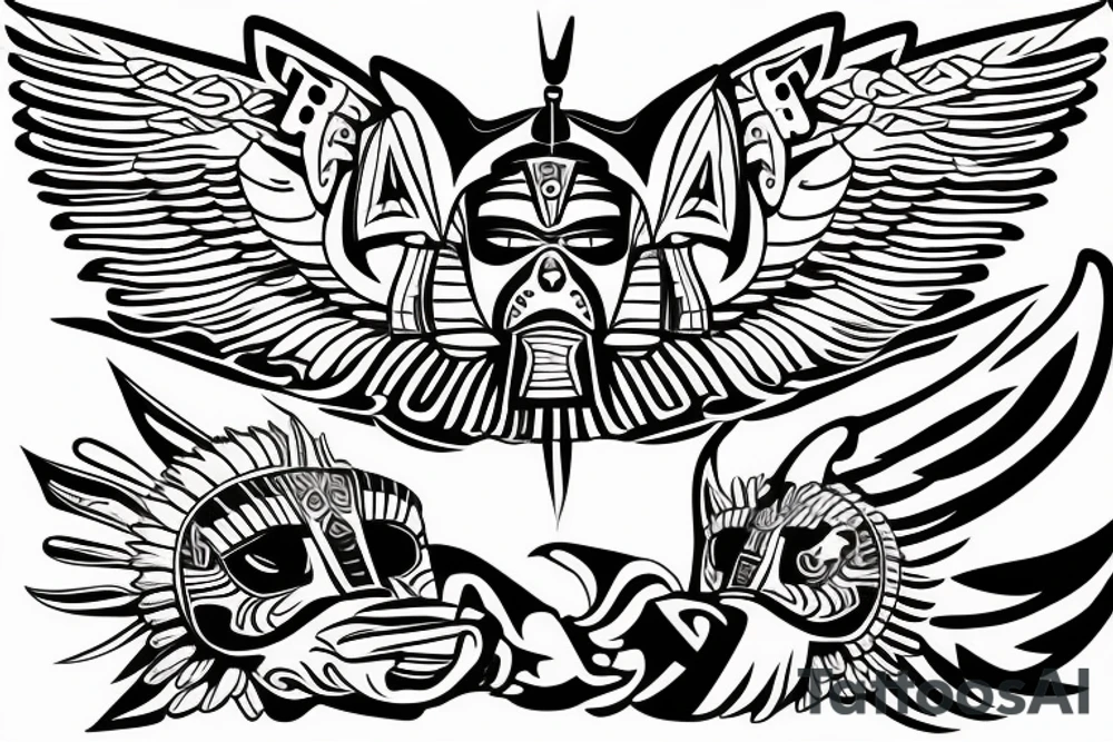 Aztec winged sphinx in front of Aztec pyramids tattoo idea