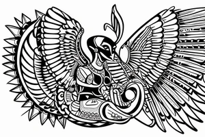 Aztec winged sphinx in front of Aztec pyramids tattoo idea