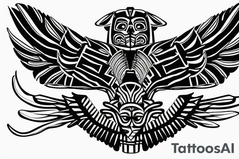 Aztec winged sphinx in front of Aztec pyramids tattoo idea