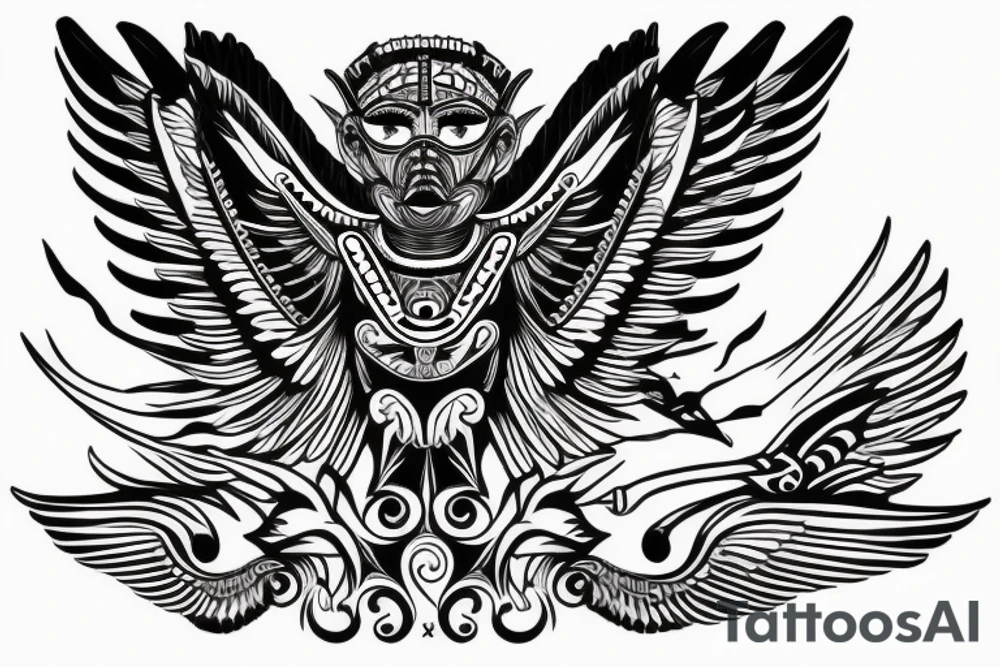 Aztec winged sphinx in front of Aztec pyramids tattoo idea