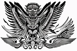 Aztec winged sphinx in front of Aztec pyramids tattoo idea