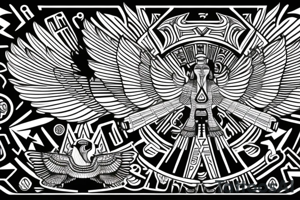 Egyptian and Aztec thunderbird winged sphinx in front of Aztec pyramids tattoo idea