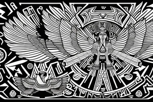 Egyptian and Aztec thunderbird winged sphinx in front of Aztec pyramids tattoo idea