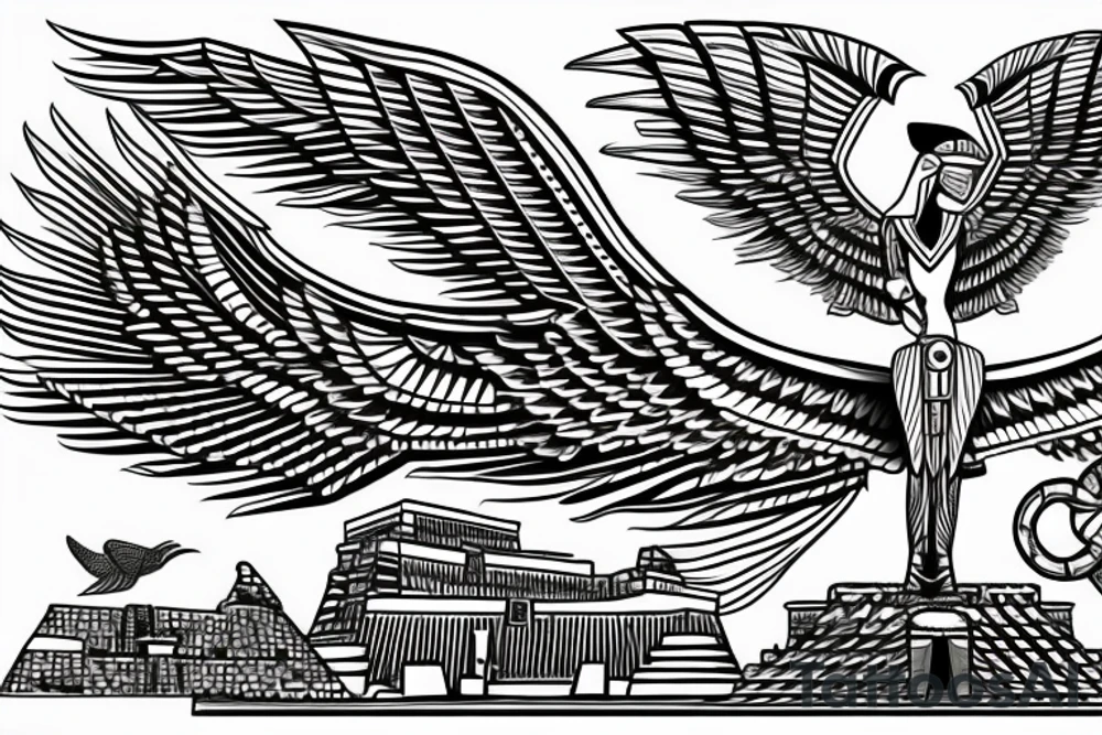 Egyptian and Aztec thunderbird winged sphinx in front of Aztec pyramids tattoo idea
