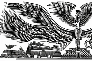 Egyptian and Aztec thunderbird winged sphinx in front of Aztec pyramids tattoo idea