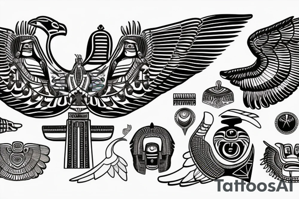 Egyptian and Aztec thunderbird winged sphinx in front of Aztec pyramids tattoo idea