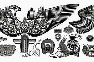 Egyptian and Aztec thunderbird winged sphinx in front of Aztec pyramids tattoo idea