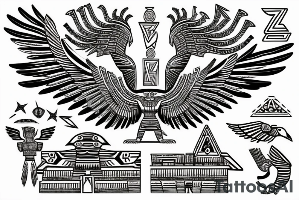 Egyptian and Aztec thunderbird winged sphinx in front of Aztec pyramids tattoo idea