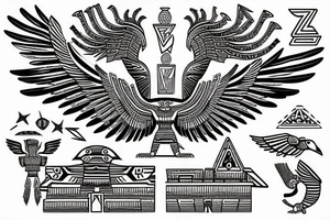 Egyptian and Aztec thunderbird winged sphinx in front of Aztec pyramids tattoo idea