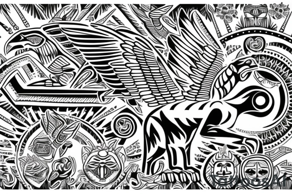 Aztec thunderbird winged sphinx in front of Aztec pyramids tattoo idea