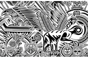 Aztec thunderbird winged sphinx in front of Aztec pyramids tattoo idea