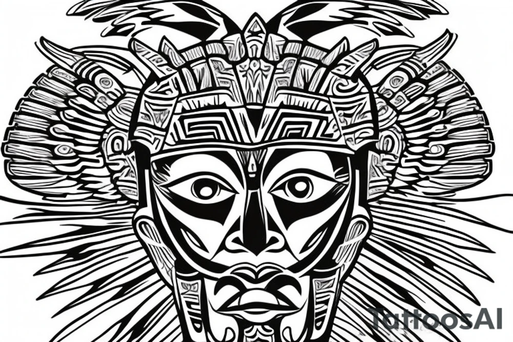 Aztec thunderbird winged sphinx in front of Aztec pyramids tattoo idea