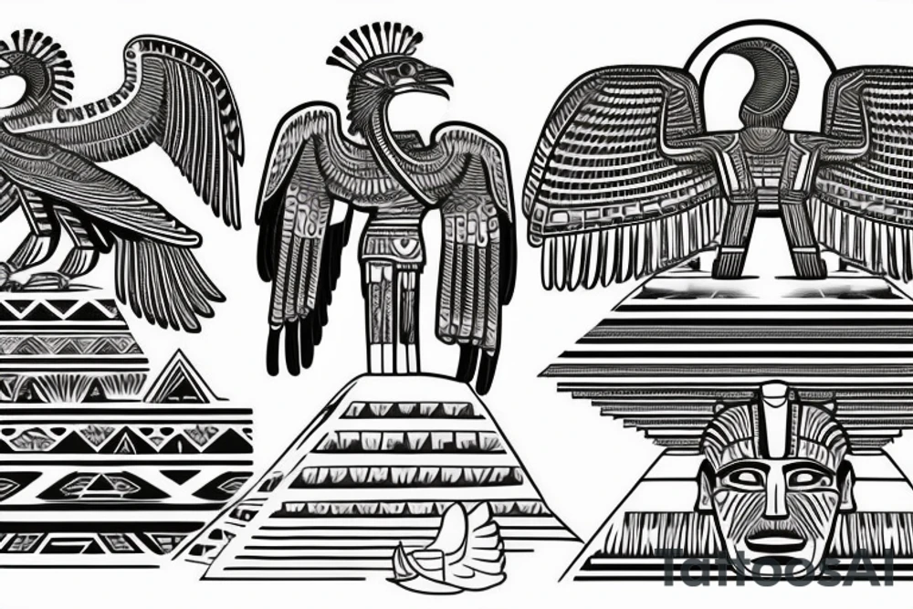 Left side Aztec thunderbird winged sphinx in front of Aztec pyramids: right side Egyptian winged sphinx in front of Egyptian pyramids tattoo idea