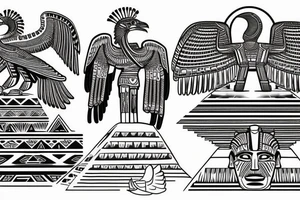 Left side Aztec thunderbird winged sphinx in front of Aztec pyramids: right side Egyptian winged sphinx in front of Egyptian pyramids tattoo idea