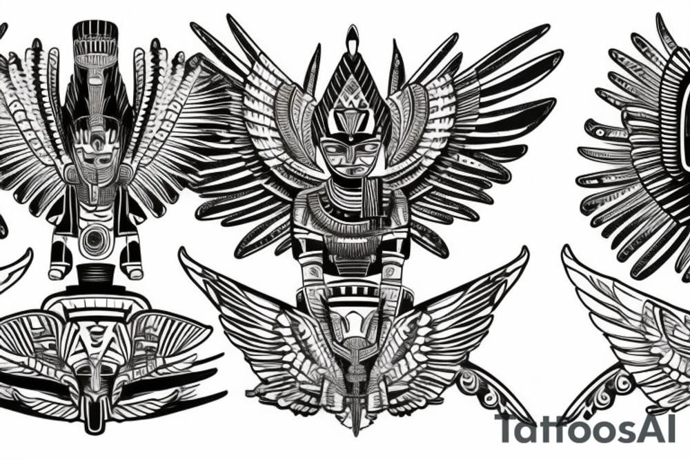 Left side Aztec thunderbird winged sphinx in front of Aztec pyramids: right side Egyptian winged sphinx in front of Egyptian pyramids tattoo idea