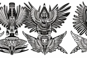 Left side Aztec thunderbird winged sphinx in front of Aztec pyramids: right side Egyptian winged sphinx in front of Egyptian pyramids tattoo idea