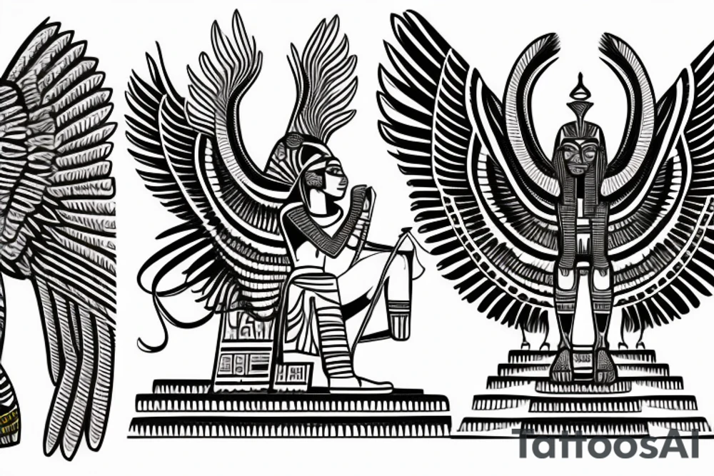 half Egyptian winged sphinx and half  Aztec winged sphinx in front of Aztec and Egyptian pyramids tattoo idea