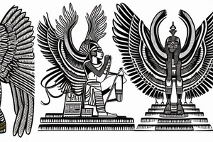 half Egyptian winged sphinx and half  Aztec winged sphinx in front of Aztec and Egyptian pyramids tattoo idea
