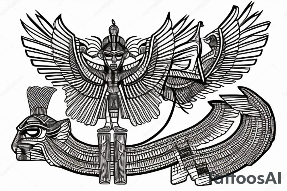 half Egyptian winged sphinx and half  Aztec winged sphinx in front of Aztec and Egyptian pyramids tattoo idea