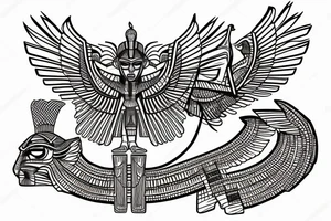 half Egyptian winged sphinx and half  Aztec winged sphinx in front of Aztec and Egyptian pyramids tattoo idea