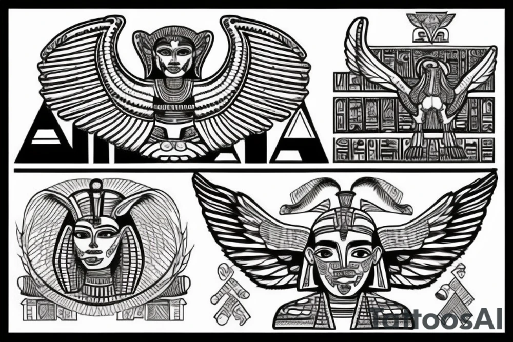half Egyptian winged sphinx and half Aztec winged sphinx in front of Aztec and Egyptian pyramids tattoo idea