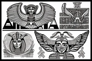 half Egyptian winged sphinx and half  Aztec winged sphinx in front of Aztec and Egyptian pyramids tattoo idea