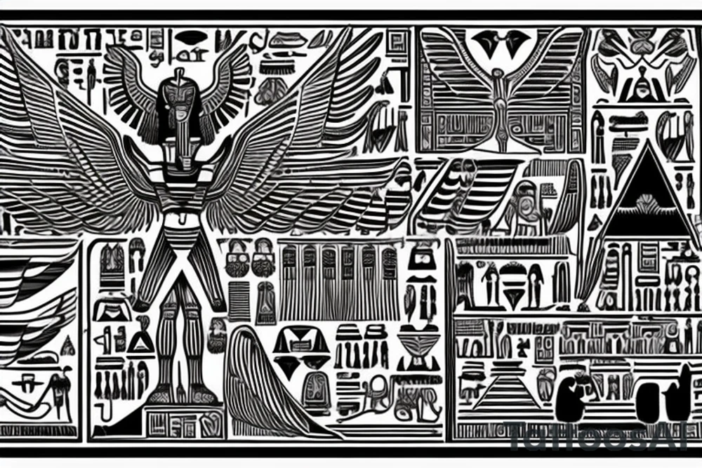 half Egyptian winged sphinx and half Aztec winged sphinx in front of Aztec and Egyptian pyramids tattoo idea