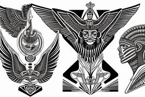 half Egyptian winged sphinx and half  Aztec winged sphinx in front of Aztec and Egyptian pyramids tattoo idea