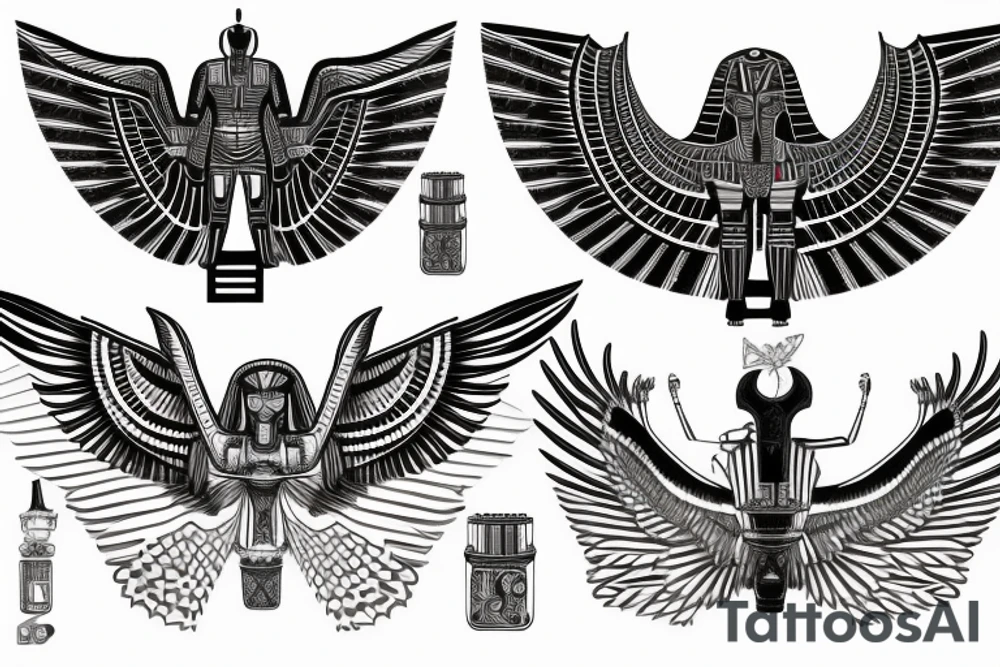 half Egyptian winged sphinx and half Aztec winged sphinx in front of Aztec and Egyptian pyramids tattoo idea