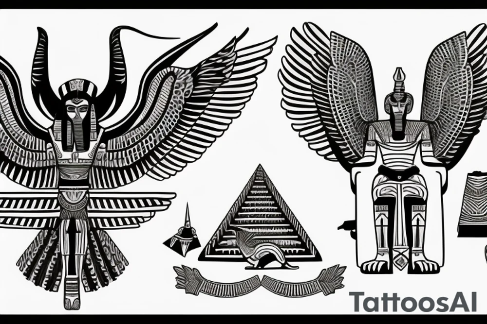 half Egyptian winged sphinx and half Aztec winged sphinx in front of Aztec and Egyptian pyramids tattoo idea