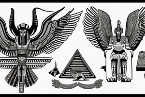 half Egyptian winged sphinx and half  Aztec winged sphinx in front of Aztec and Egyptian pyramids tattoo idea