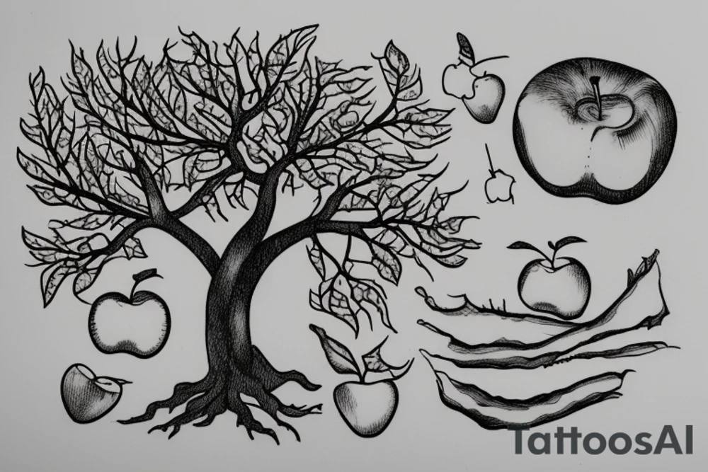 A sketch of an apple tree during winter, with few apples growing on tattoo idea