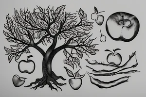 A sketch of an apple tree during winter, with few apples growing on tattoo idea