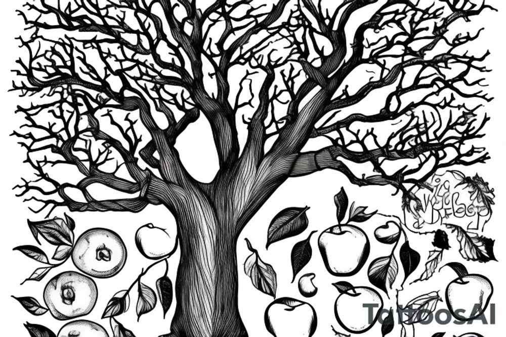 A sketch of an apple tree during winter, with few apples growing on tattoo idea