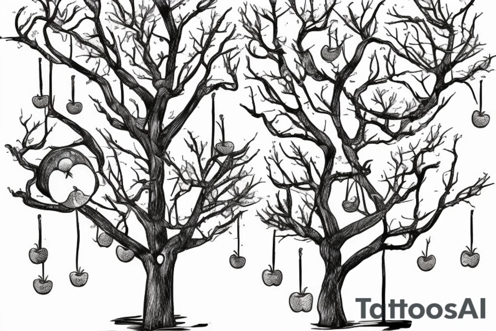A sketch of an apple tree during winter, with few apples growing on tattoo idea