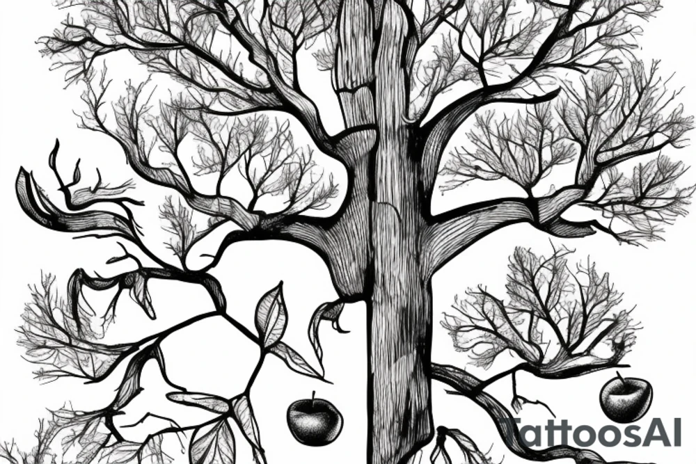 A sketch of an apple tree during winter, with few apples growing on tattoo idea