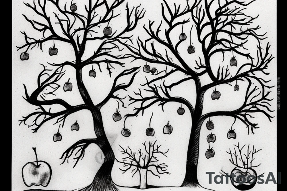 A sketch of an apple tree during winter, with few apples growing on tattoo idea