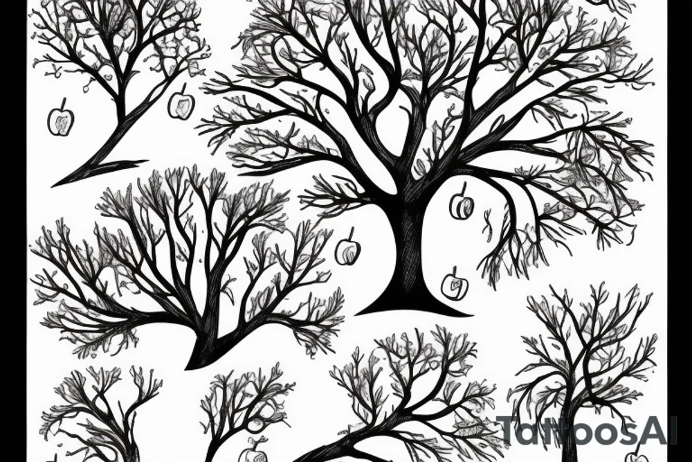 A sketch of an apple tree during winter, with few apples growing on tattoo idea
