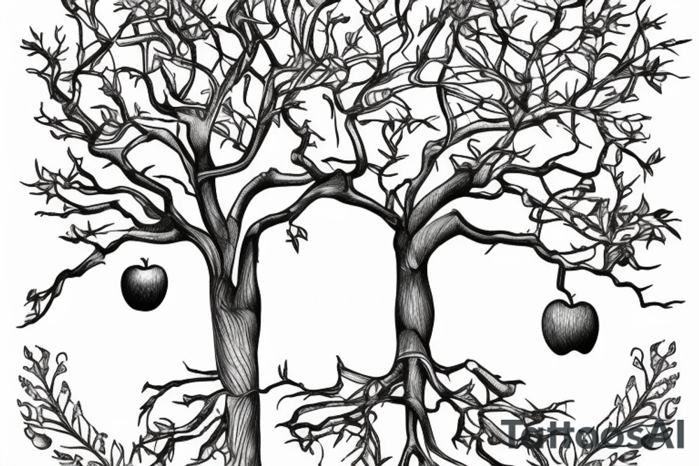 A sketch outline of an apple tree with apples growing on it tattoo idea