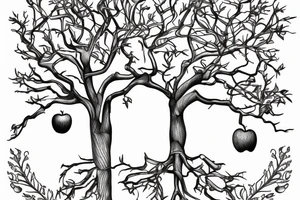 A sketch outline of an apple tree with apples growing on it tattoo idea