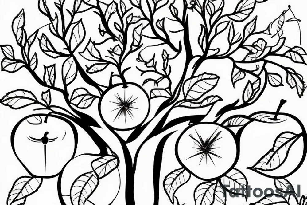 A sketch outline of an apple tree with apples growing on it tattoo idea