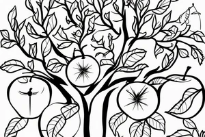 A sketch outline of an apple tree with apples growing on it tattoo idea