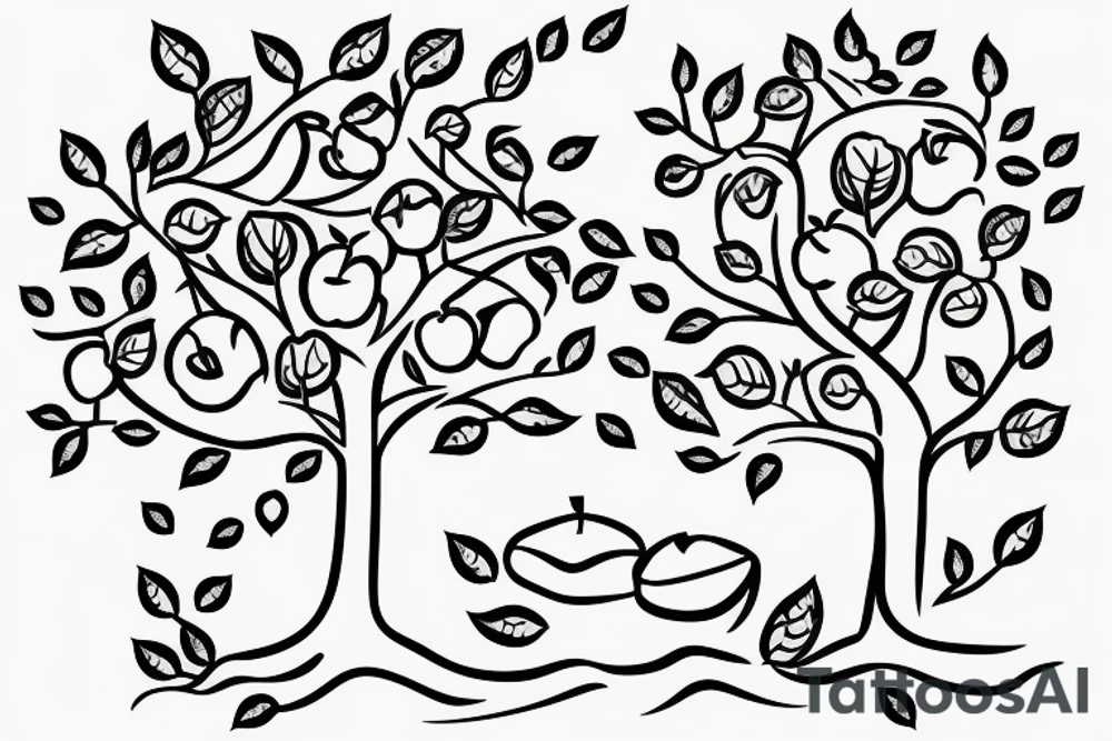 A sketch outline of an apple tree with apples growing on it tattoo idea
