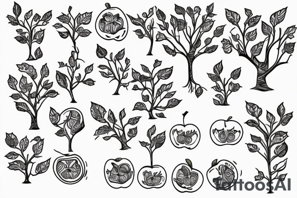 A sketch outline of an apple tree with apples growing on it tattoo idea