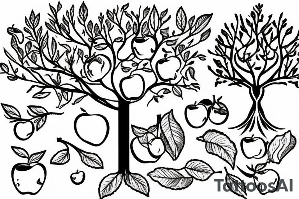 A sketch outline of an apple tree with apples growing on it tattoo idea