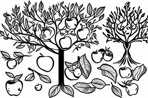 A sketch outline of an apple tree with apples growing on it tattoo idea