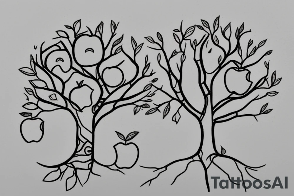 A sketch outline of an apple tree with apples growing on it tattoo idea