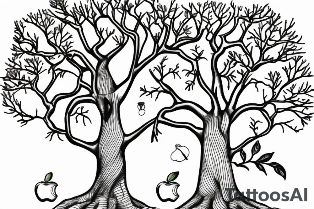 A sketch outline of an apple tree with apples growing on it tattoo idea