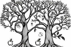 A sketch outline of an apple tree with apples growing on it tattoo idea