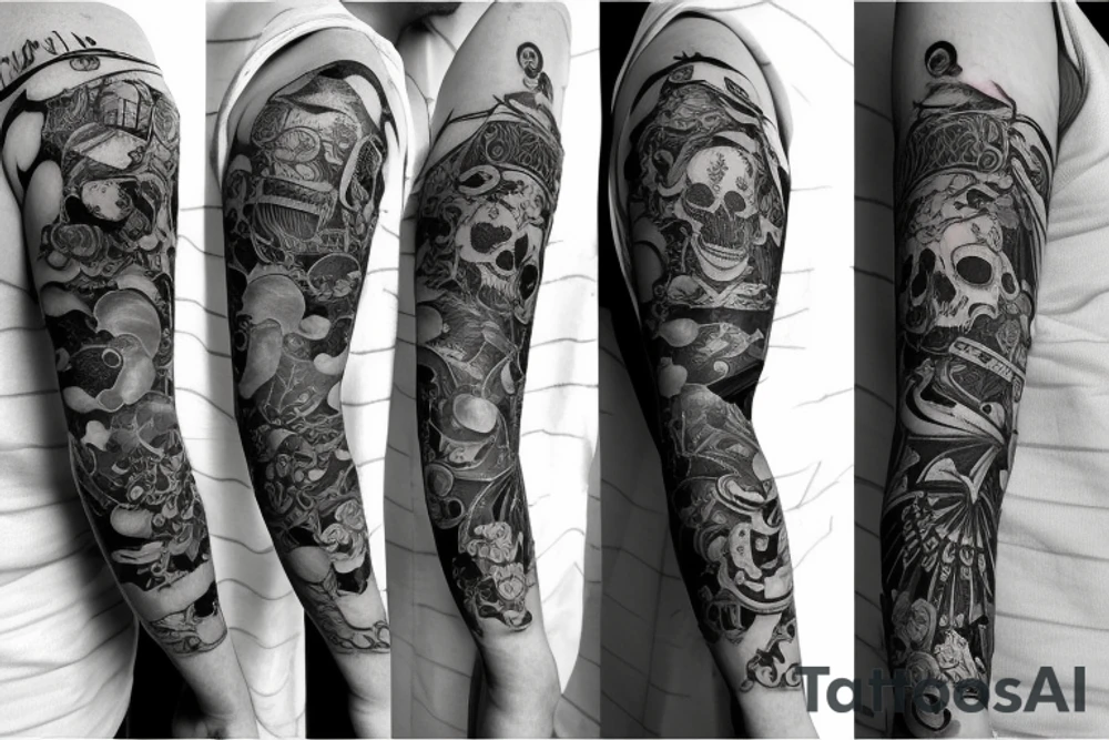 Japanese style upper arm sleeve with sketches of a skull like Leonardo da Vinci drew, an open book, a monarch butterfly, and an old fashioned cocktail tattoo idea